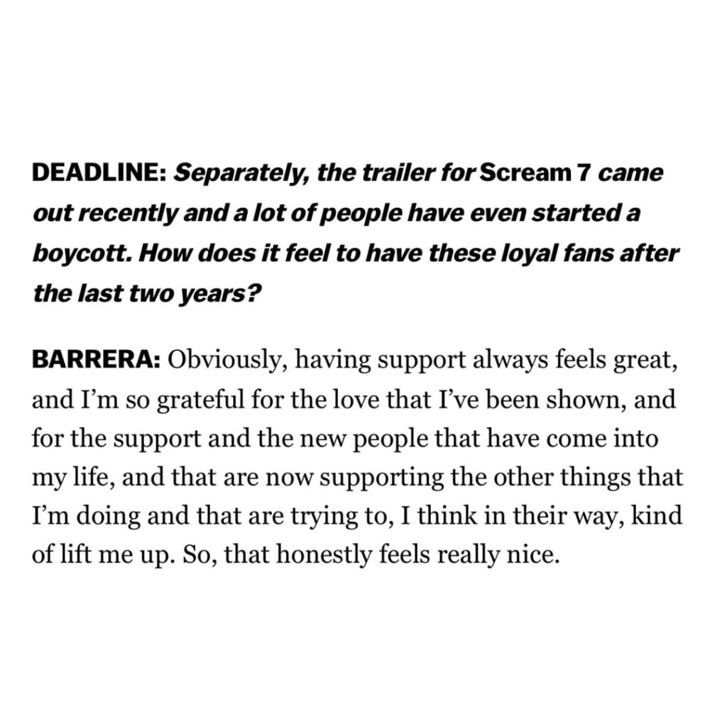 Melissa Barrera says she is grateful for the love she has been shown after being fired from Scream 7 & that it feels really nice that people are supporting other things she is doing to lift her up. In other news, she is celebrating her new show, The Copenhagen Test, currently being #1 on Peacock.