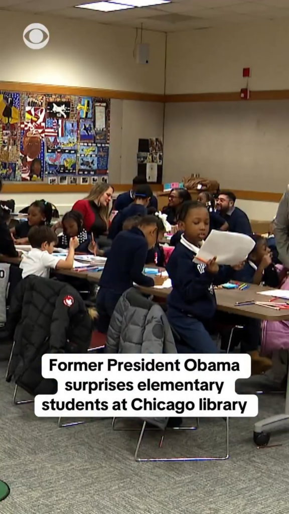 Former President Barrack Obama visits  elementary students at Chicago library