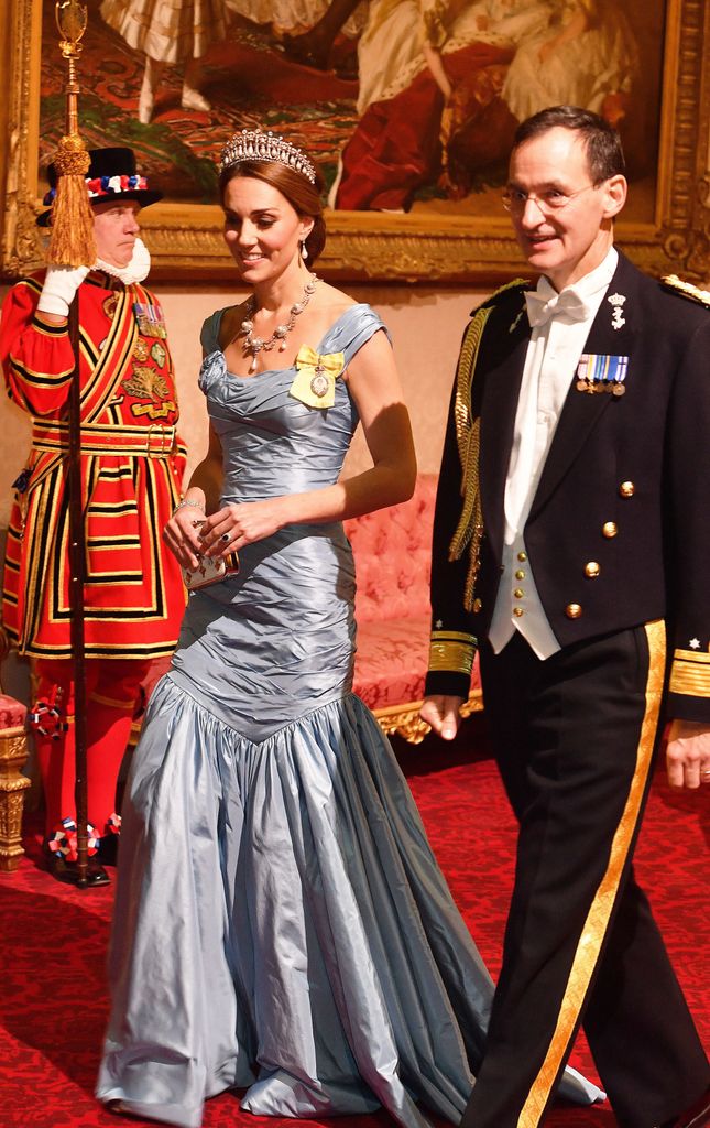 Kate wore an ice blue Alexander McQueen gown and the Lover's Knot tiara to the Dutch state banquet in 2018