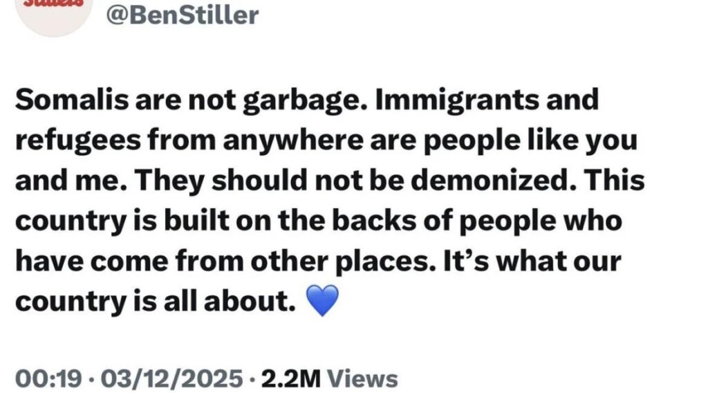 Ben Stiller tweets “Somalis are not garbage” Ben Stiller tweets "Somalis are not garbage”