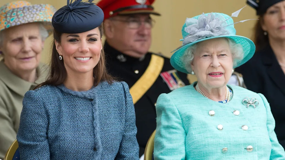 Queen Elizabeth II and Catherine, Princess of Wales smile during a Diamond Jubilee visit to Nottingham on June 13, 2012