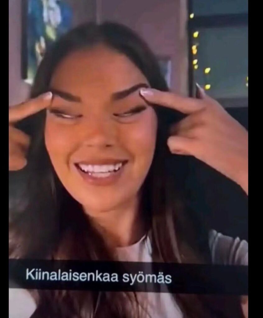 Current Miss Finland, Sarah Dzafce, makes racist eye gesture towards Asians with caption “Eating with a Chinese person”. She posted a statement on her Tiktok