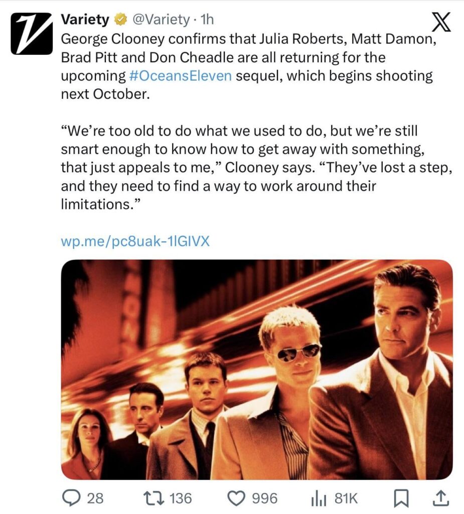 George Clooney reveals that Julia Roberts, Matt Damon, Brad Pitt and Don Cheadle will all return for the new ‘Oceans’ movie.