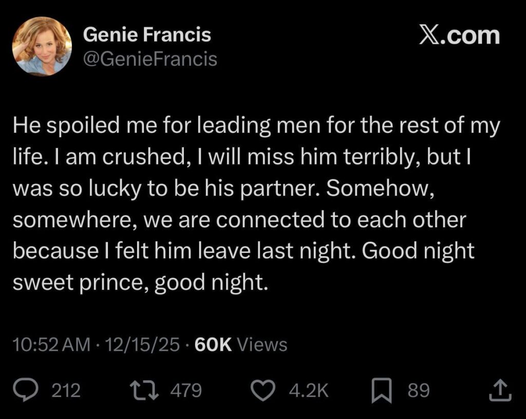 Genie Francis (Laura from General Hospital) tribute to co-star Anthony Geary (Luke) “Somehow, somewhere, we are connected to each other because I felt him leave last night”