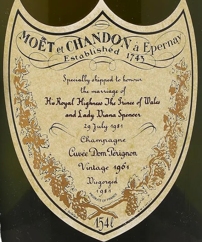 A magnum of Dom Pérignon Vintage 1961, specially bottled for Diana and Prince Charles’s July 29, 1981, ceremony, will be auctioned on December 11 