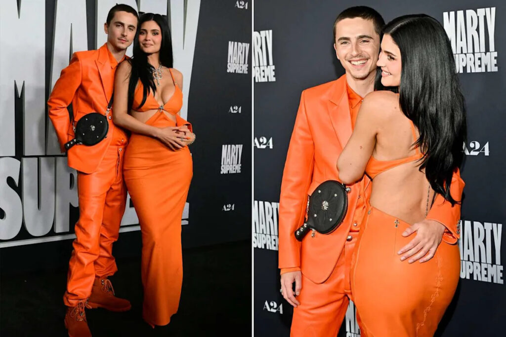 Kylie Jenner and Timothée Chalamet Twin in Matching Bright Orange Outfits for “Marty Supreme” Premiere