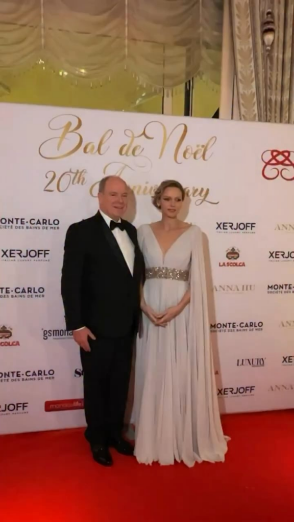 Princess Charlene wears gown from Jenny Packham’s Spring Summer 2026 line to the Hôtel de Paris’ Bal de Noël