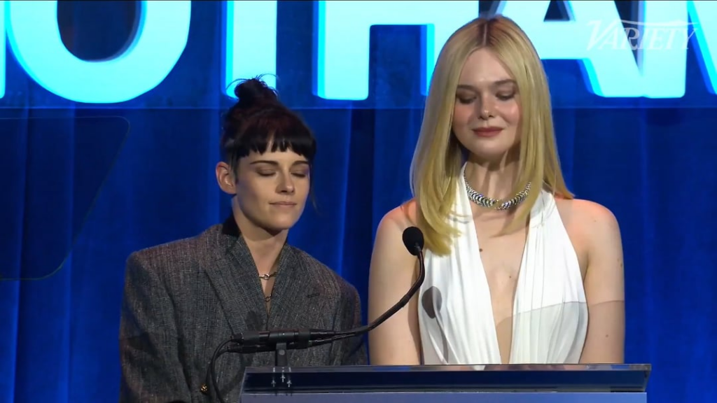 Kristen Stewart and Elle Fanning joke with each other while presenting the Outstanding Lead Performance award at the Gotham Awards