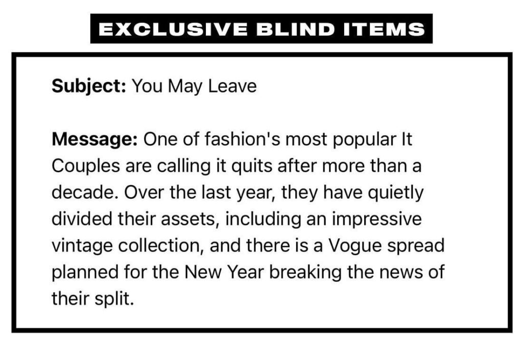 Which fashion it-couple have called it quits after more than a decade together & are reportedly set to announce their split through Vogue during the New Year?