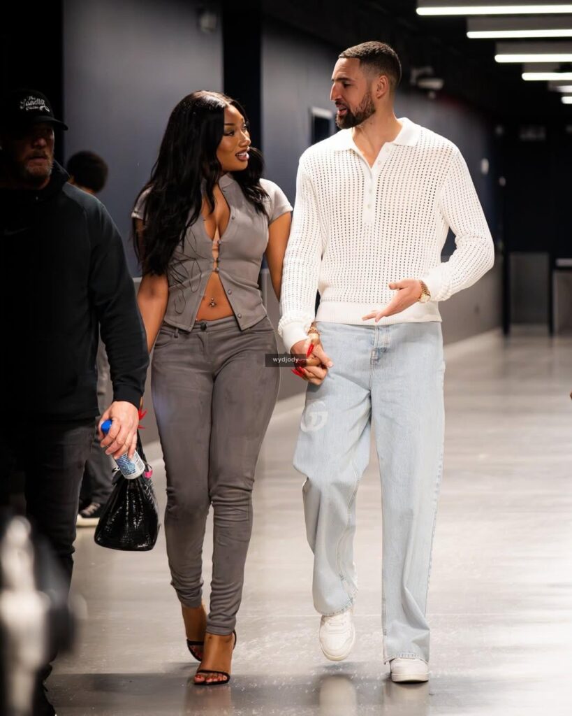 Megan Thee Stallion and Klay Thompson arriving at the Mavericks vs Clippers game last night. Photographed by Jody Jo. (November 29, 2025)