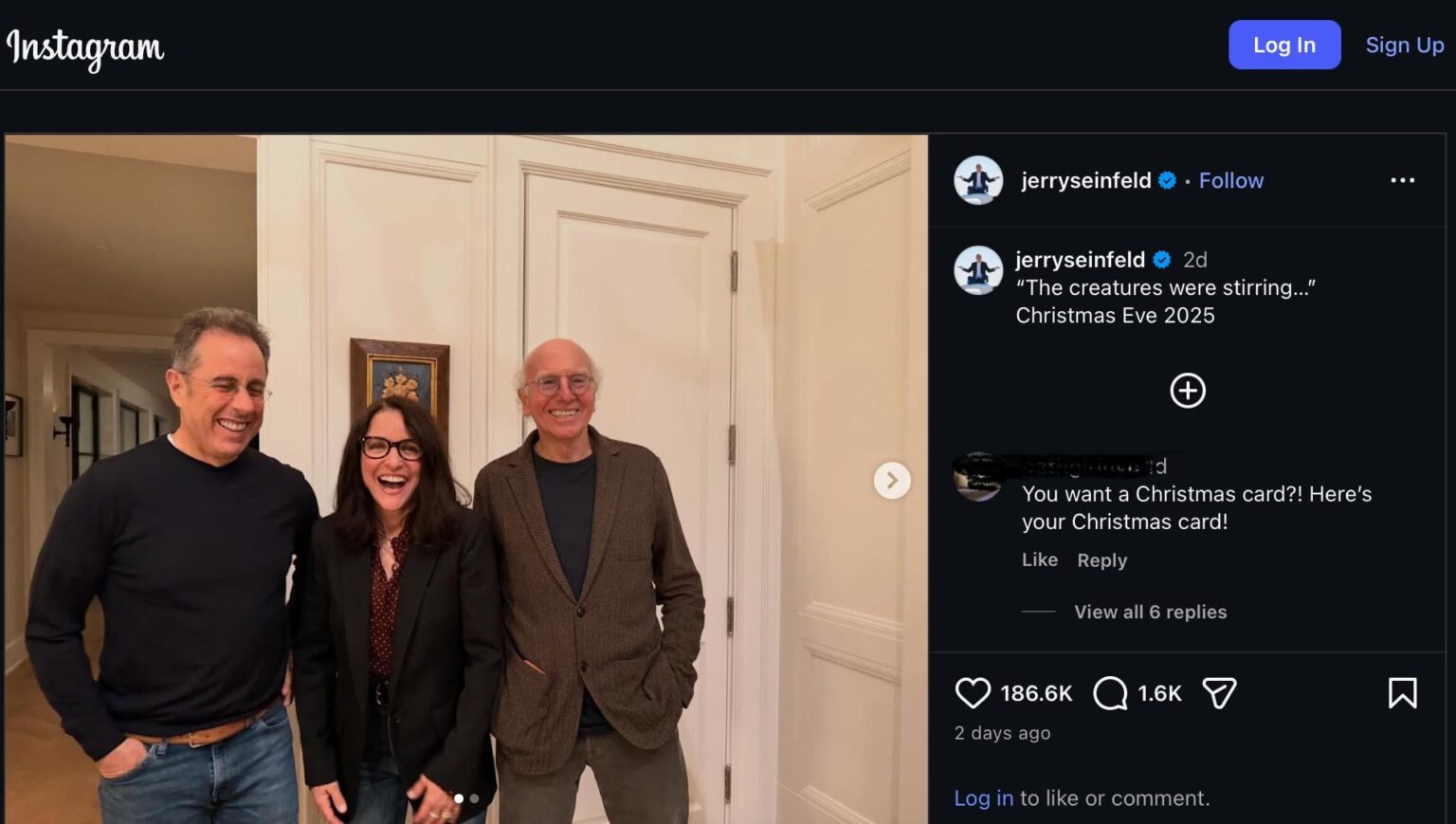 Jerry Seinfeld posts him hanging out with Julia Louis-Dreyfus and Larry David on Christmas Eve