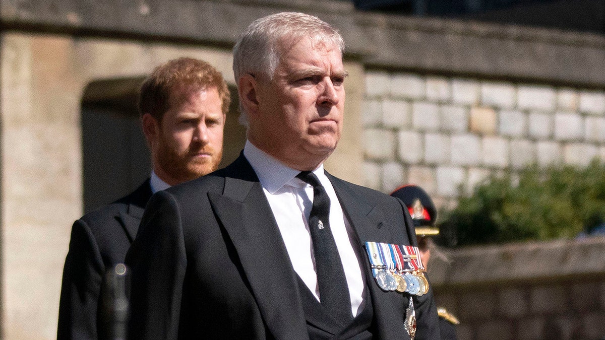 Andrew standing in front of Prince Harry in matching dark suits.