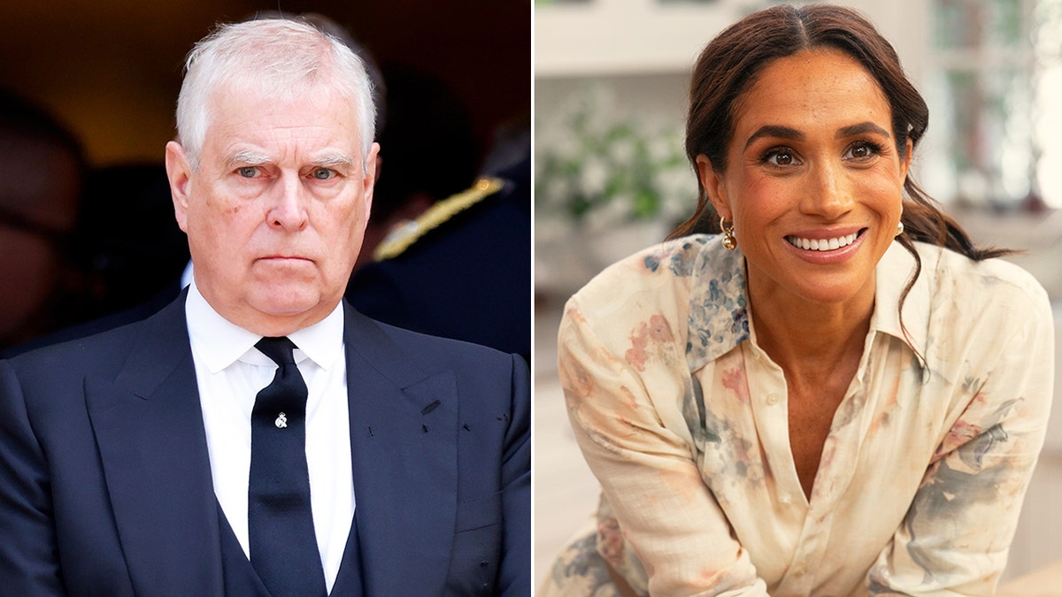 A split side-by-side photo of Meghan Markle smiling in a light floral dress and ex-Prince Andrew looking upset in a dark blue suit.
