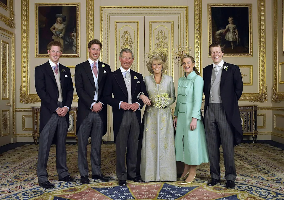 WINDSOR, ENGLAND - APRIL 9:  (EMBARGOED TILL 0001 BST MONDAY 11 APRIL 2005) TRH Prince Charles and The Duchess Of Cornwall, Camilla Parker Bowles pose with their children (L-R) Prince Harry, Prince William, Laura and Tom Parker Bowles, in the white drawing room for the Official Wedding group photo following their earlier marriage at The Guildhall, at Windsor Castle on April 9, 2005 in Berkshire, England. (Photo by Hugo Bernand/ROTA/Anwar Hussein Collection/Getty Images)  *** Local Caption *** HRH Prince Charles;HRH The Duchess Of Cornwall;Prince William;Prince Harry