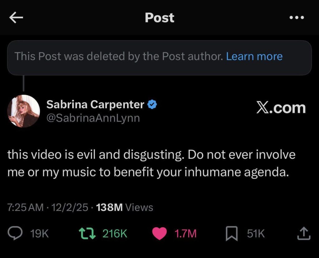 The White House has deleted their tweet of an ICE propaganda video set to Sabrina Carpenter's "Juno"; the TikTok audio has also been muted.