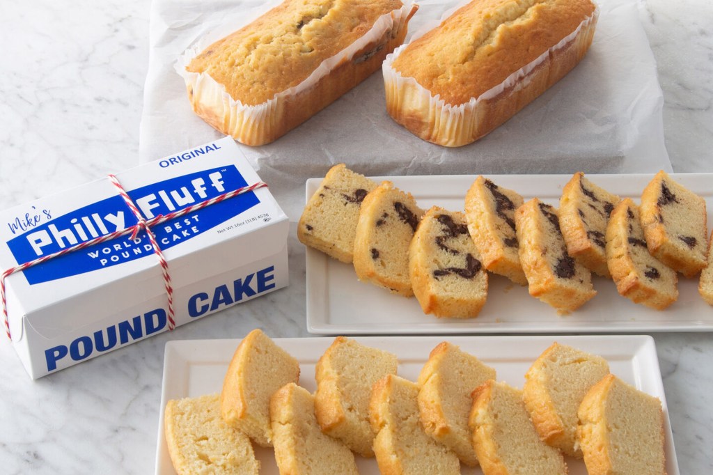 "Philly Fluff" pound cake box and slices of plain and chocolate chip pound cake.