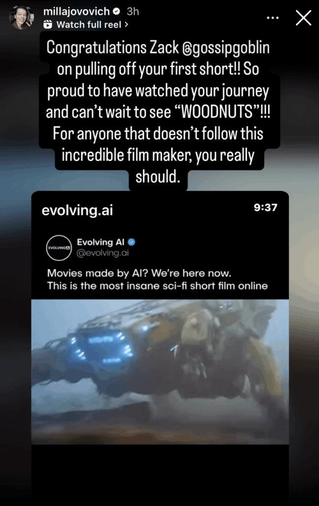 Milla Jovovich promotes AI filmmaking