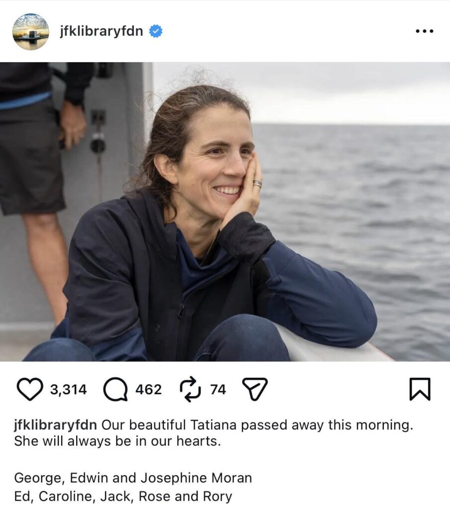 Tatiana Schlossberg, environmental journalist and JFK’s granddaughter, has passed away at 35, six weeks after announcing terminal cancer diagnosis.