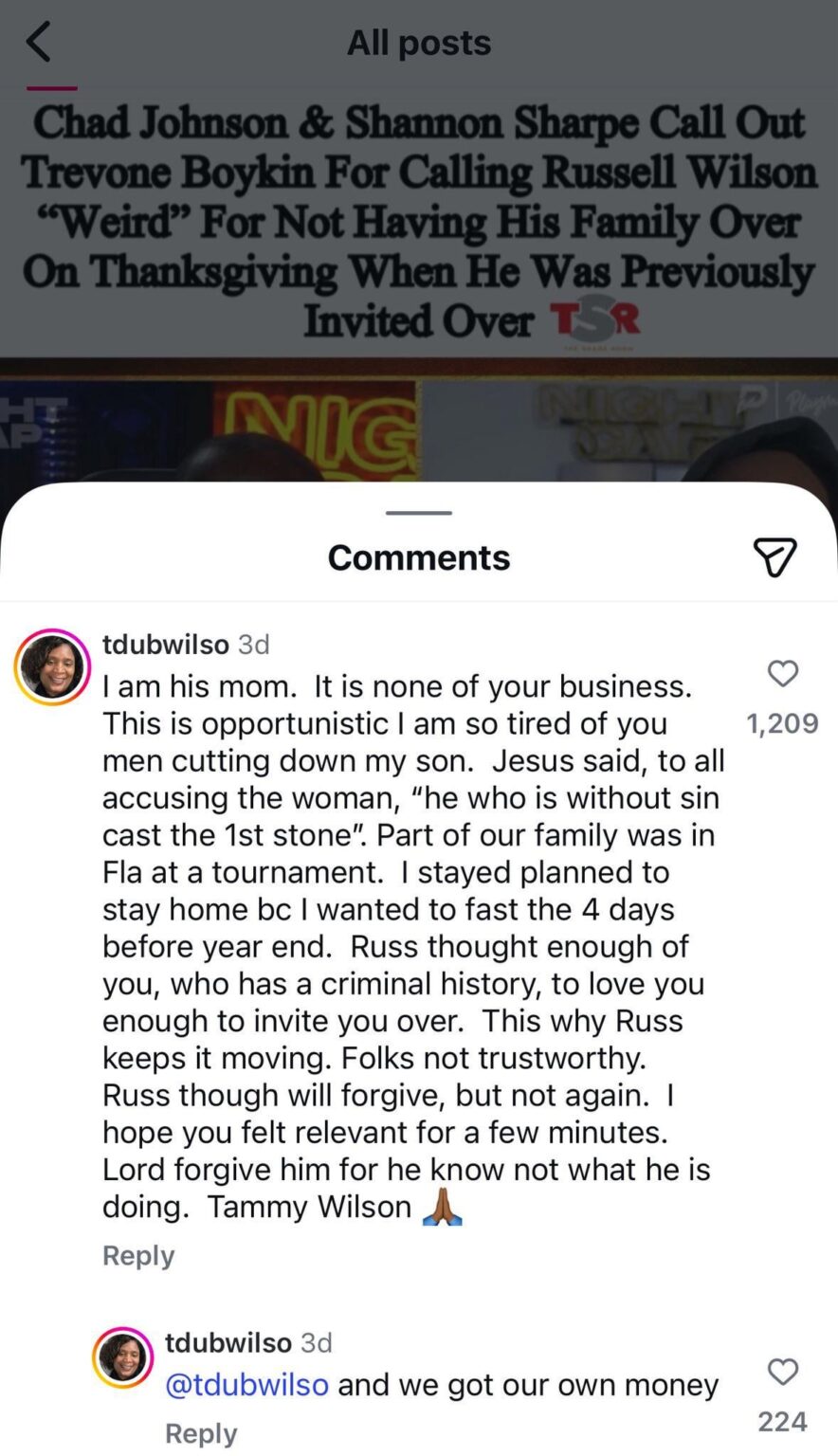 Russell Wilson’s Mom addresses Trevone Boykin’s comments where he spoke about being invited to Russell and Ciara’s home for Thanksgiving years ago and said it was “weird” for Russell’s family to not be there
