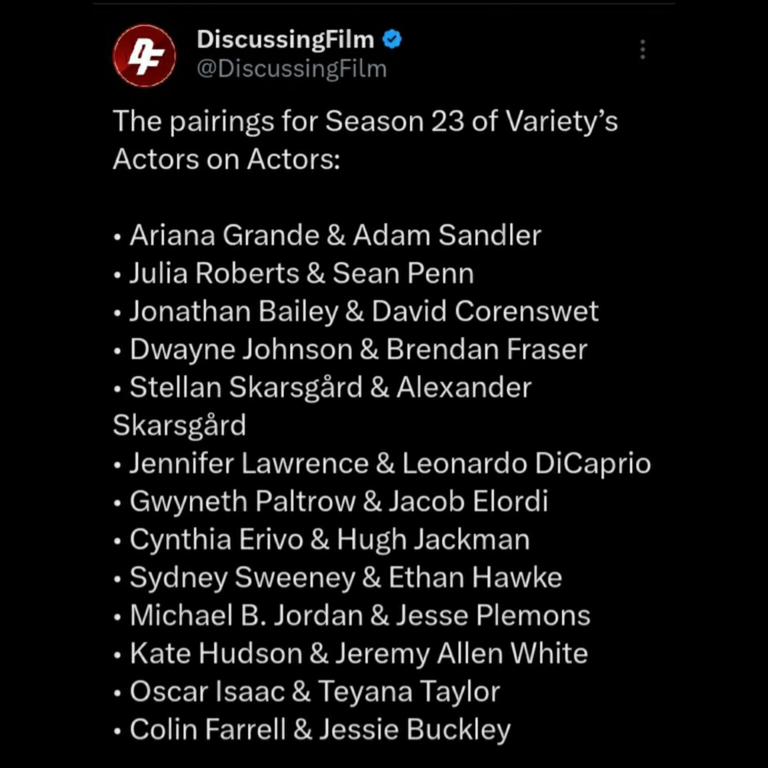 List of Variety's ‘Actors on Actors’ pairings for Season 23