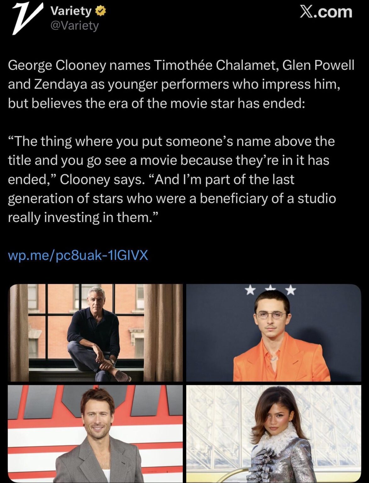 George Clooney names Timothée Chalamet, Glen Powell and Zendaya as younger performers who impress him, but believes the era of the movie star has ended