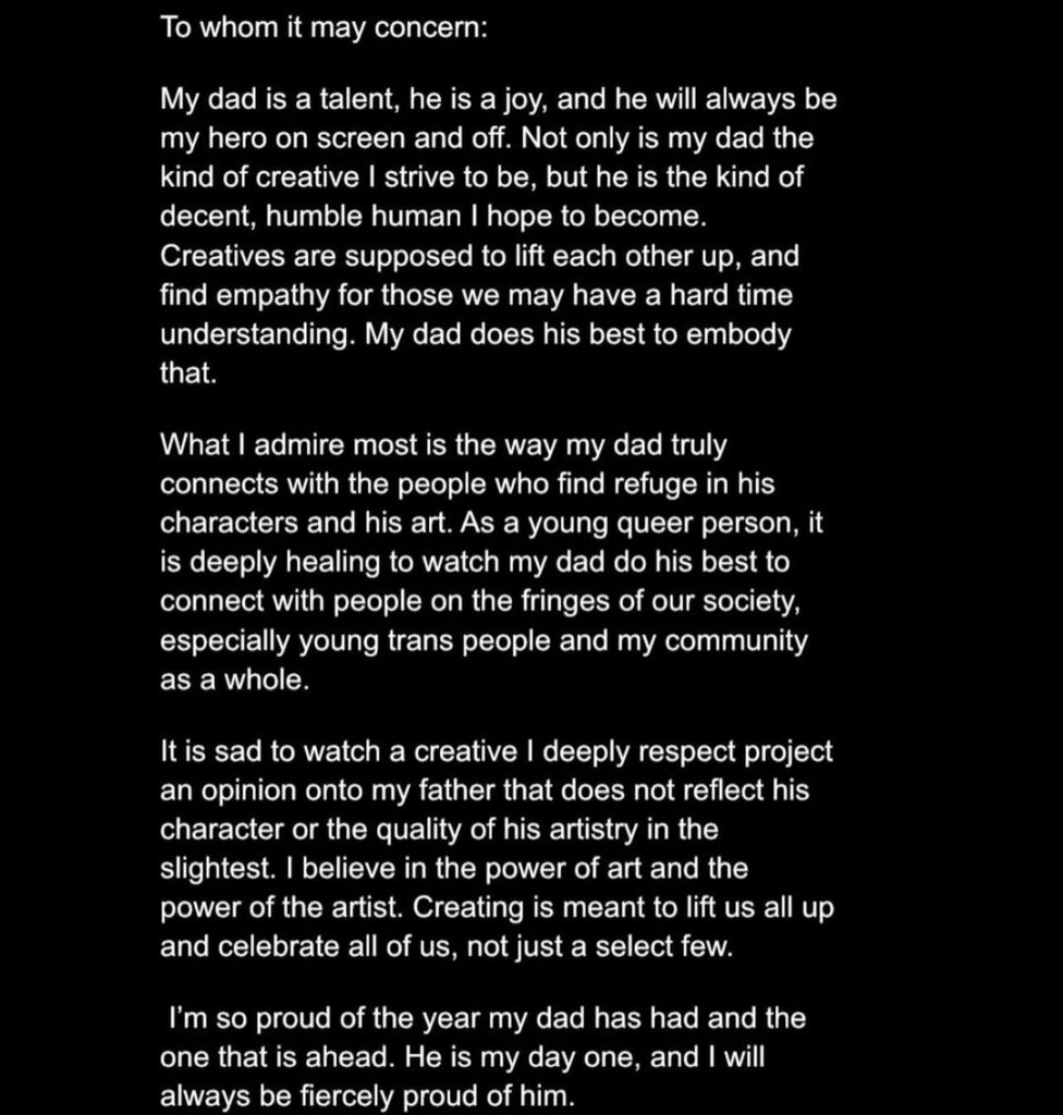 Matthew Lillard’s daughter, Ace, writes how proud she is of her dad in response to Quentin Tarantino's criticism of him