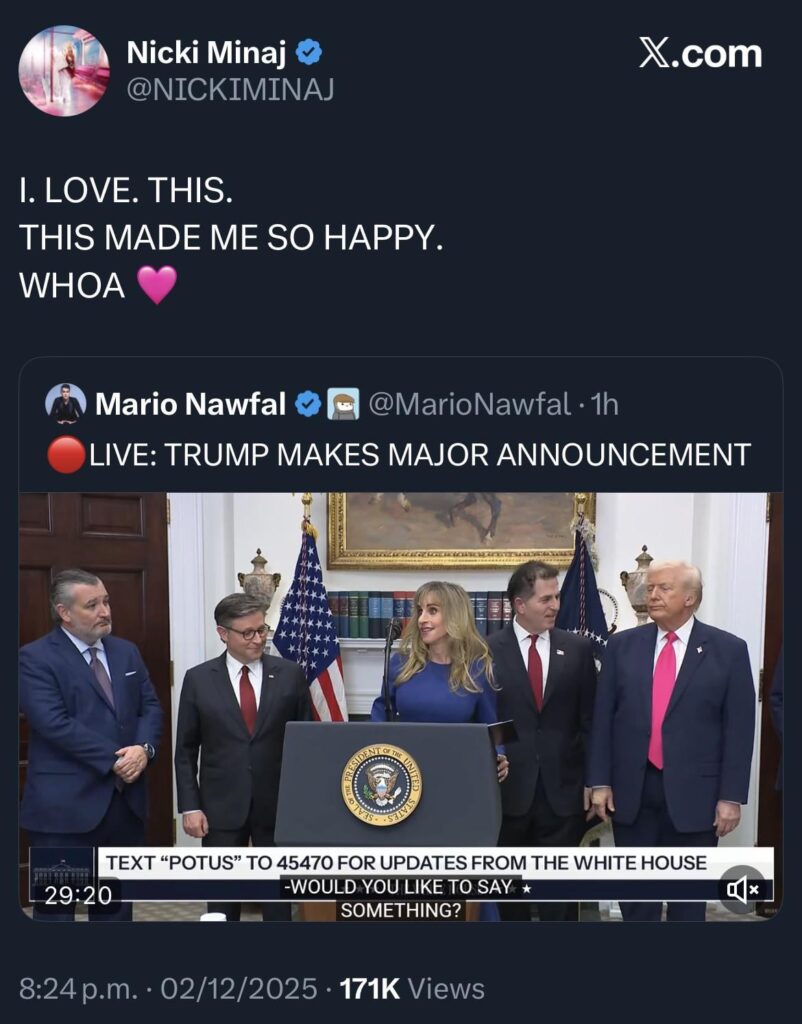 The rapist loving Nicki Minaj continues her grift with Trump by showing him more love
