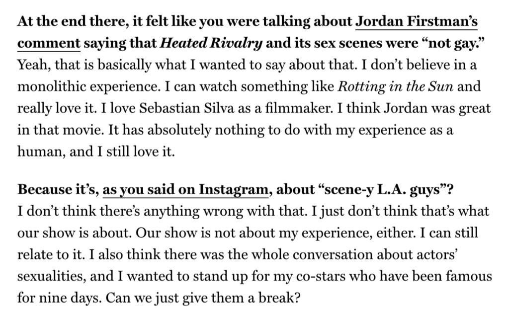 François Arnauld talks about Jordan Firstman saying that Heated Rivalry wasnt authetic to the gay experience: "I don't believe in a monolithic experience. Our show is not about my experience either."