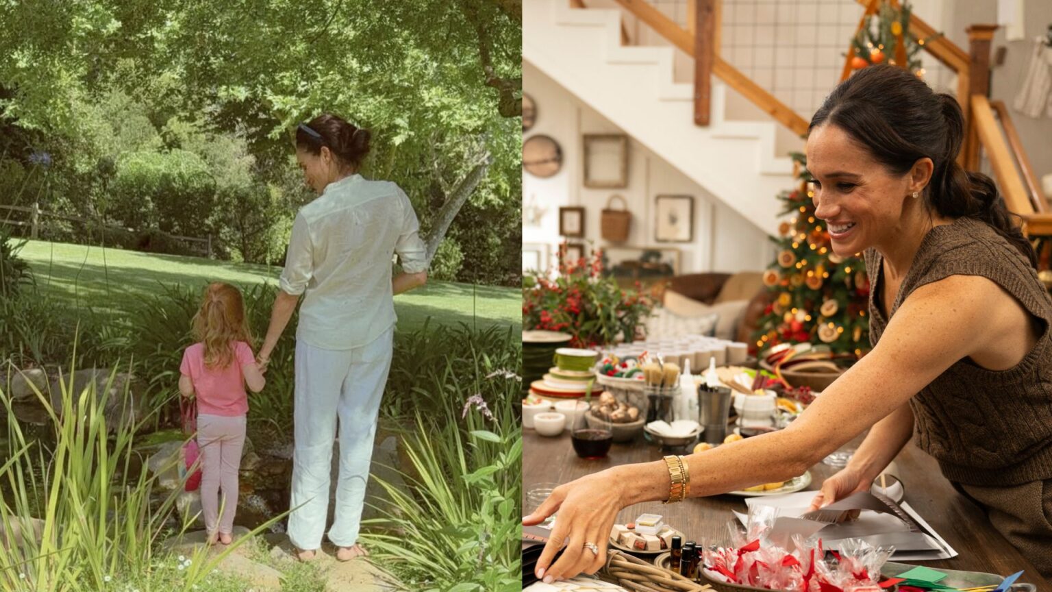 Meghan Markle Says Princess Lilibet Loves Pretending “To Be a Grown-Up Lady” Meghan Markle holding hands with Princess Lilibet outside; Meghan Markle leaning across a table with a Christmas tree behind her