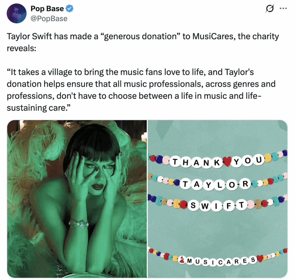 MusiCares reveals Taylor Swift made them a generous donation. She's on a holiday giving spree 🫶