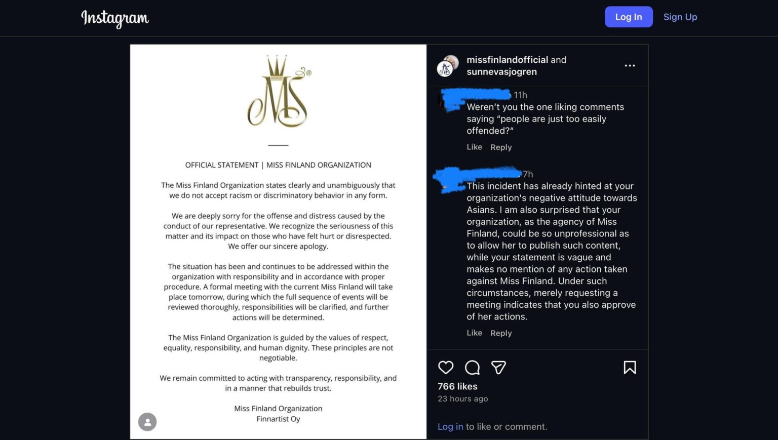 Official statement from the Miss Finland Organization in response to their current Miss Finland, Sarah Dzacfe, making a racist eye gesture