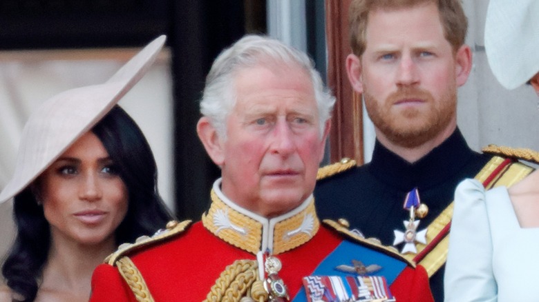King Charles standing in front of Meghan Markle and Prince Harry