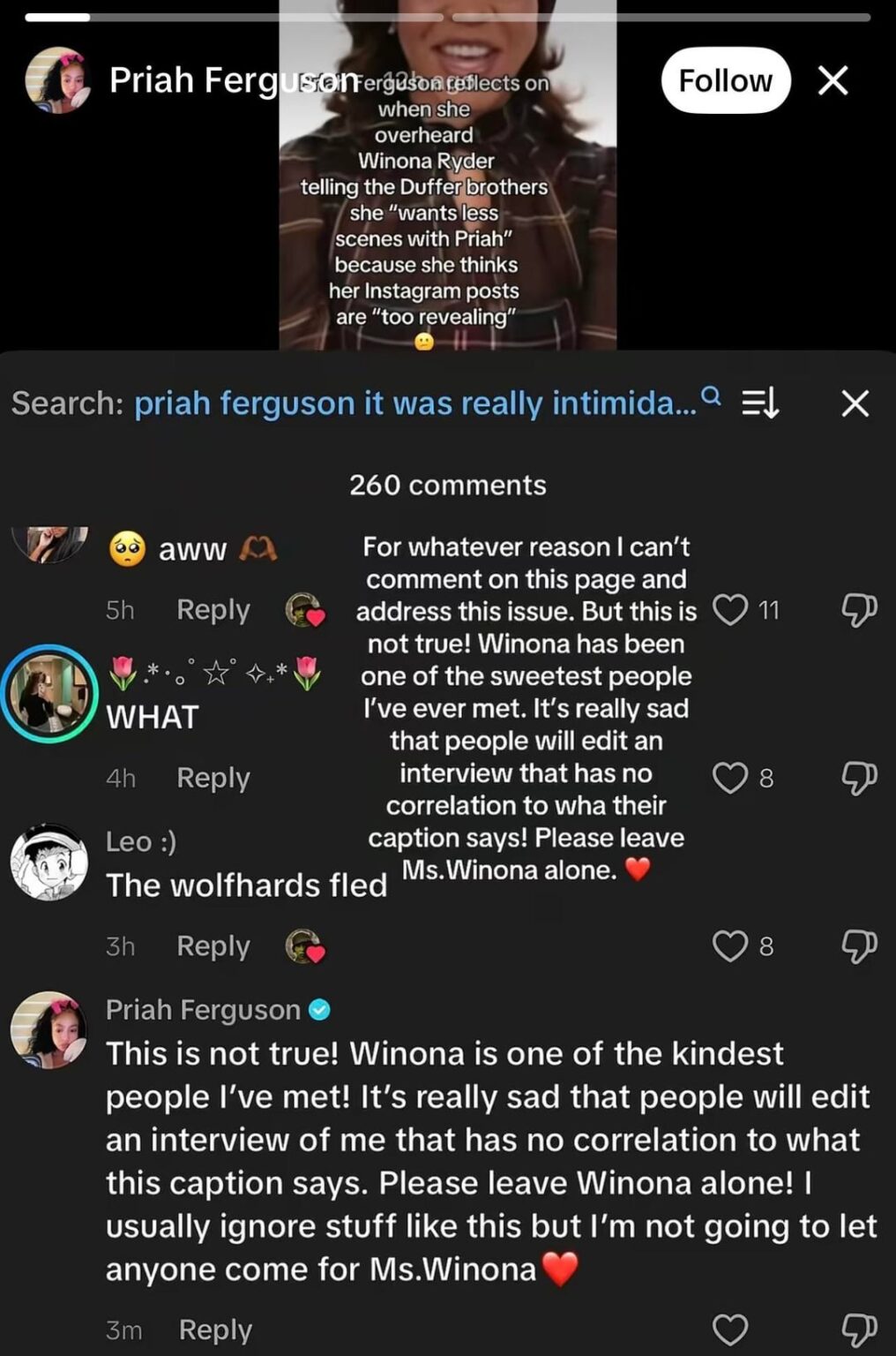 ‘Stranger Things’ Priah Ferguson defends Winona Ryder against a false rumor that Winona made her cry saying “Please leave Winona alone! I usually ignore stuff like this but I'm not going to let anyone come for Ms.Winona ❤️”