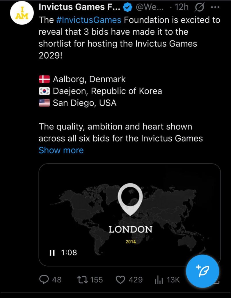 South Korea, Denmark and San Diego finalists for 2029 Invictus Games