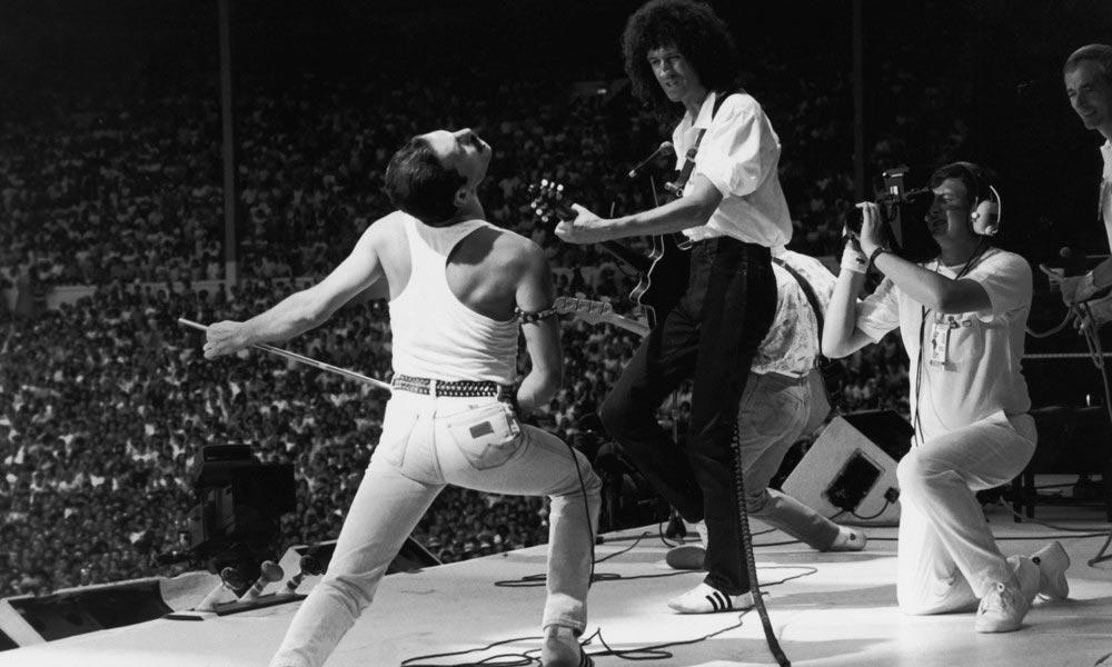 A photo of Queen during their iconic performance at Wembley Stadium for Live Aid on July 13th 1985