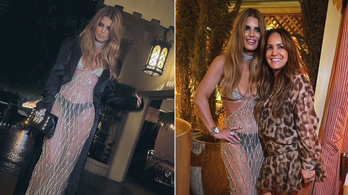 Jessica Simpson poses at night wearing a sheer, crystal-embellished dress, shown in two images during her birthday celebration.