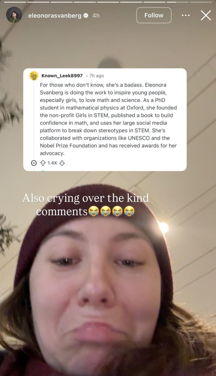 Swedish physicist Eleonora Svanberg responds to Fauxmoi post about her: "crying over the kind comments"