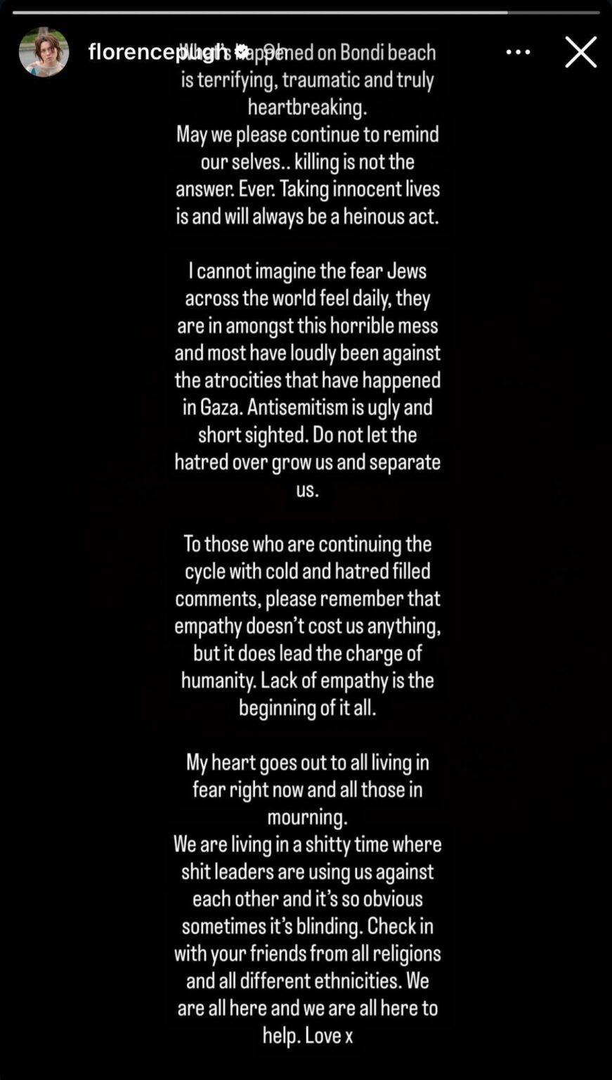 Florence Pugh's post about the shooting at Bondi Beach