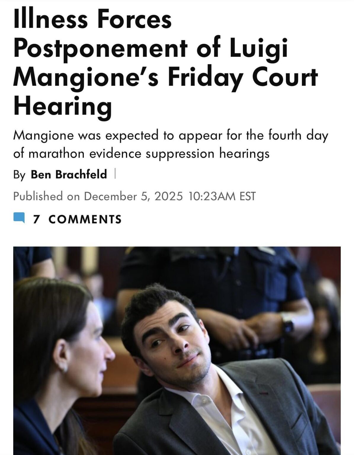 Luigi Mangione's evidence supression court hearing has been postponed because he is sick