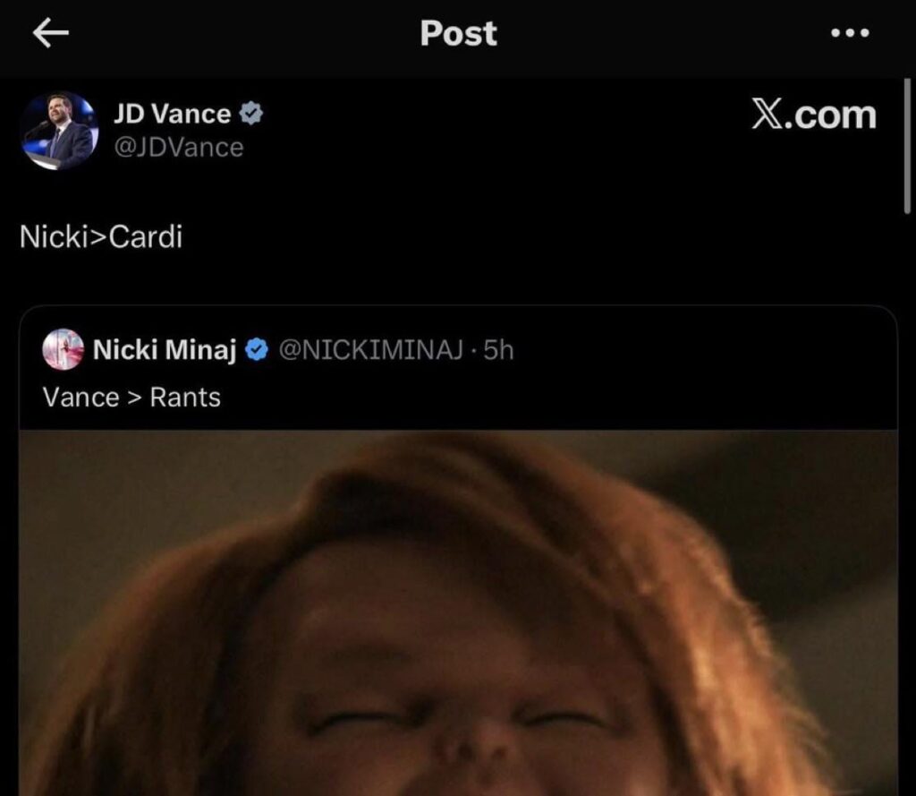 JD Vance in tweet: “Nicki>Cardi”