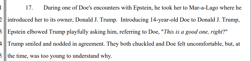 When the 14 year old Epstein victim arrived at Mar-a-Lago, she was introduced to Trump. Epstein playfully asked Trump, referring to the victim, "This is a good one, right?"  Trump smiled and nodded in agreement.