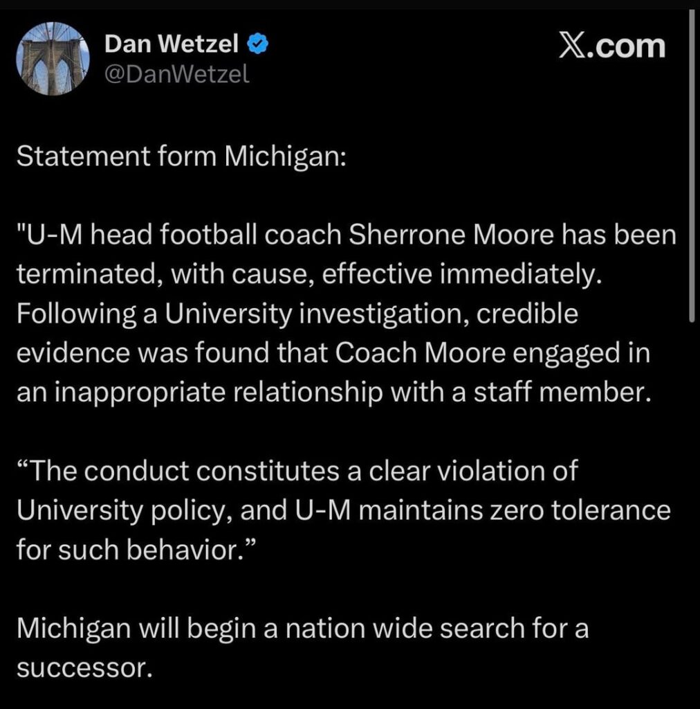 Ex-University of Michigan football head coach Sherrone Moore, who was fired today for an “inappropriate relationship” with a staff member, has now been detained in Saline, Michigan and turned over to Pittsfield Township for “investigation into potential charges.”