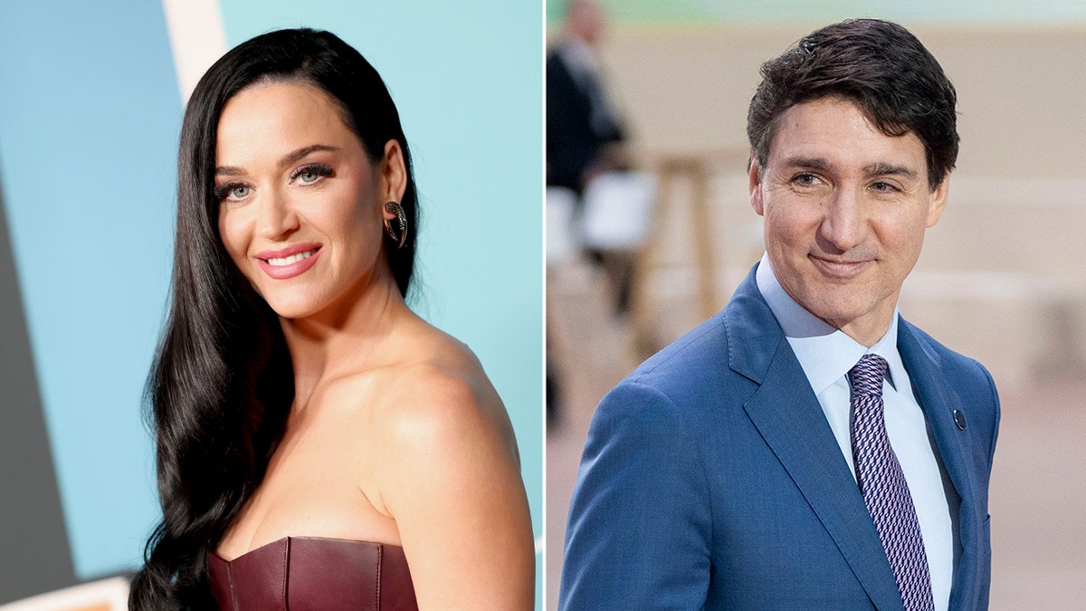 Katy Perry in a maroon dress and Justin Trudeau in a suit