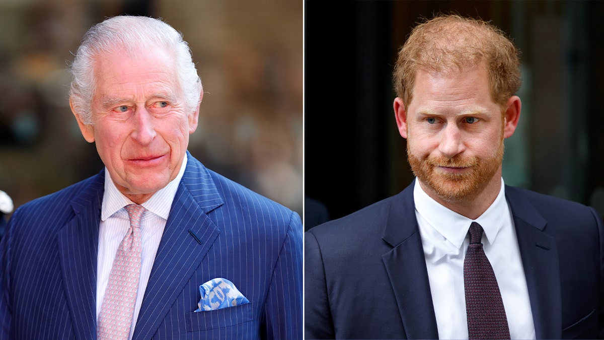 Split side-by-side image of King Charles and Prince Harry looking somber in dark grey and blue suits.