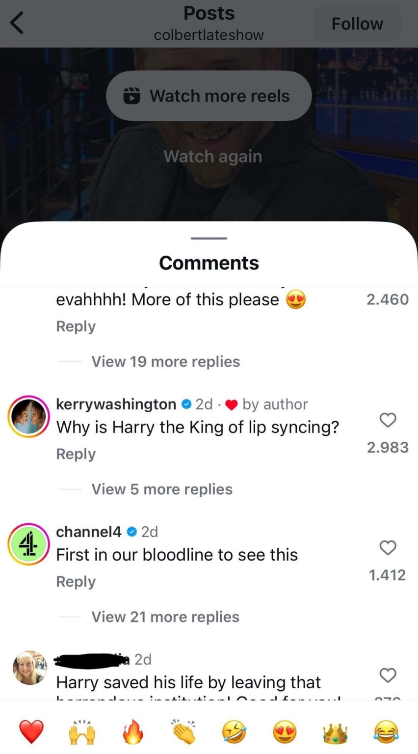 Great British Bakeoff, Andy Cohen and more react to Harry’s skit on Colbert, Kerry Washington calls him the ‘King of lip syncing’