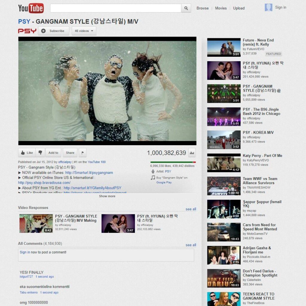 On December 21, 2012, PSY's Gangnam Style became the first video on YouTube to hit 1 billion views, changing internet history forever.