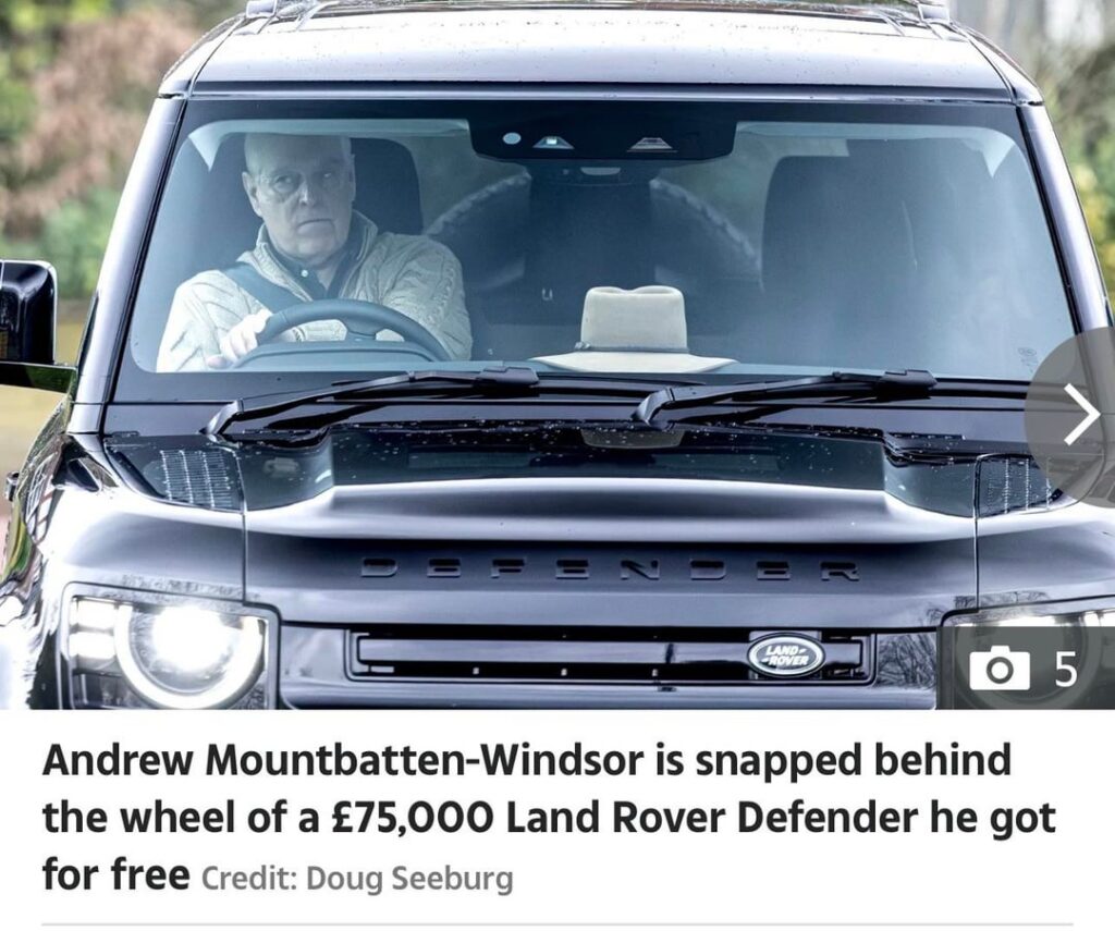So much for being shunned by the royals. Andrew Mountbatten-Windsor spotted behind wheel of a £75k Land Rover. It was recently delivered as part of the fleet agreement between Jaguar Land Rover and the royals.