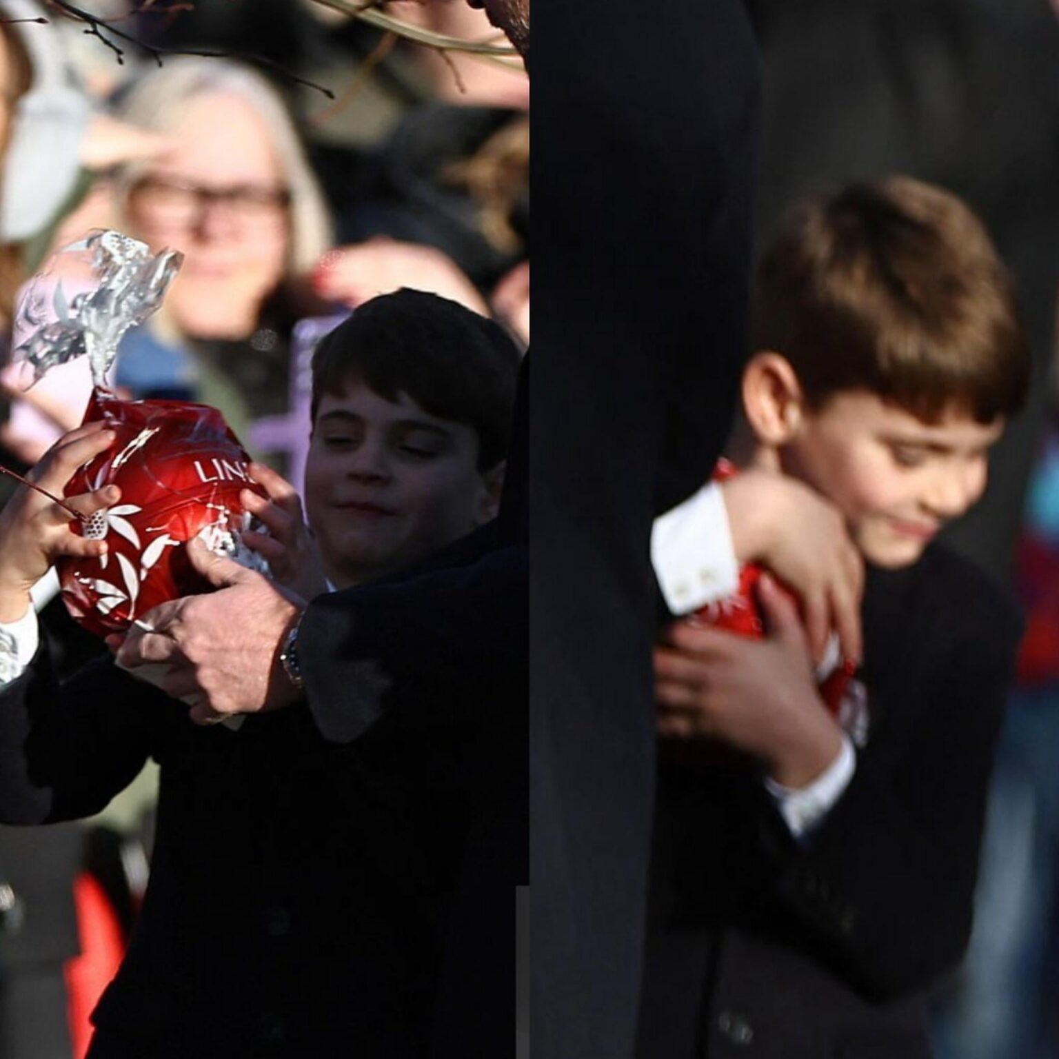 Prince Louis snatching a Lindt chocolate gift away from his father during the Christmas walk