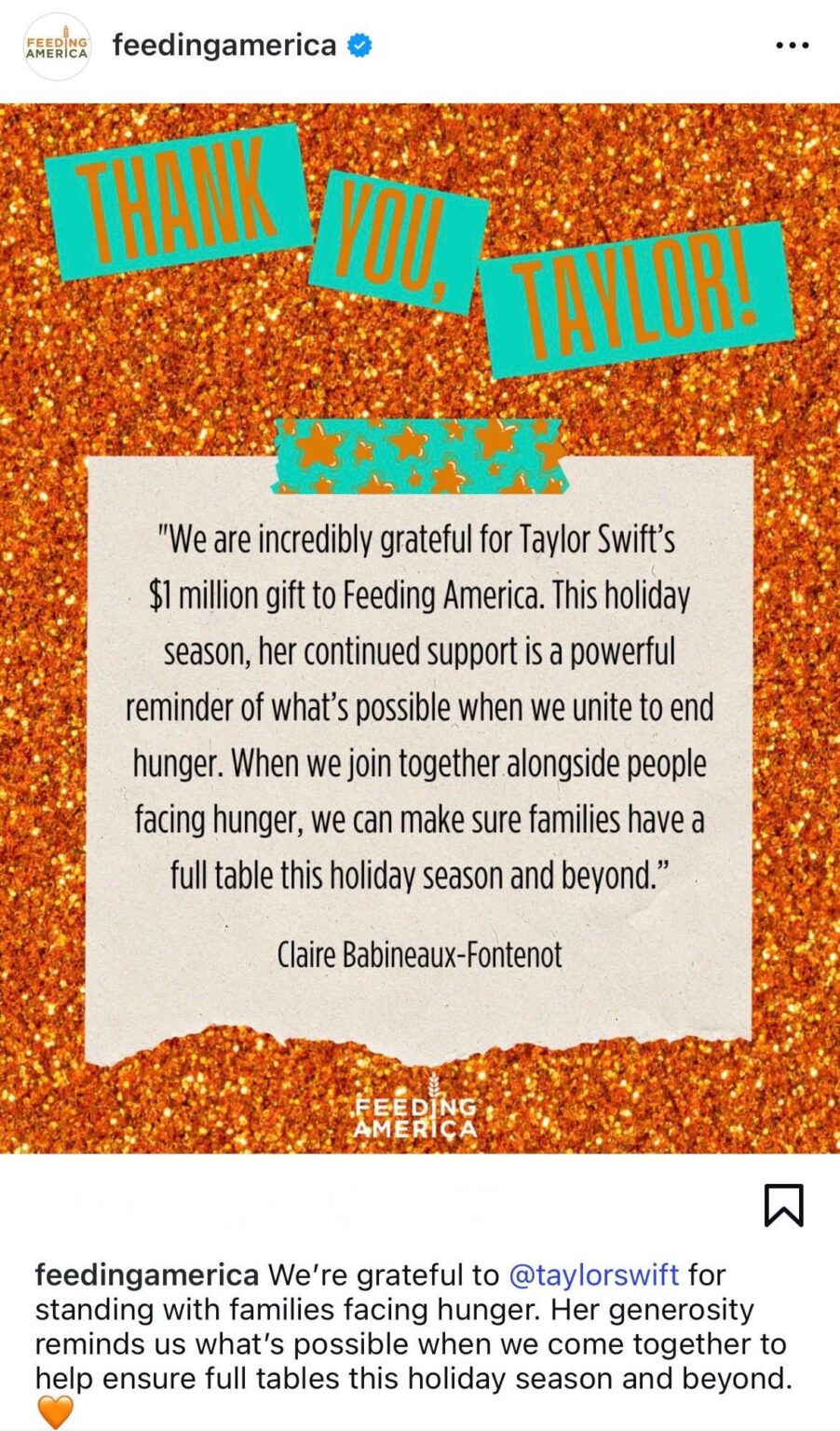 Taylor Swift has donated $1 million dollars to Feeding America