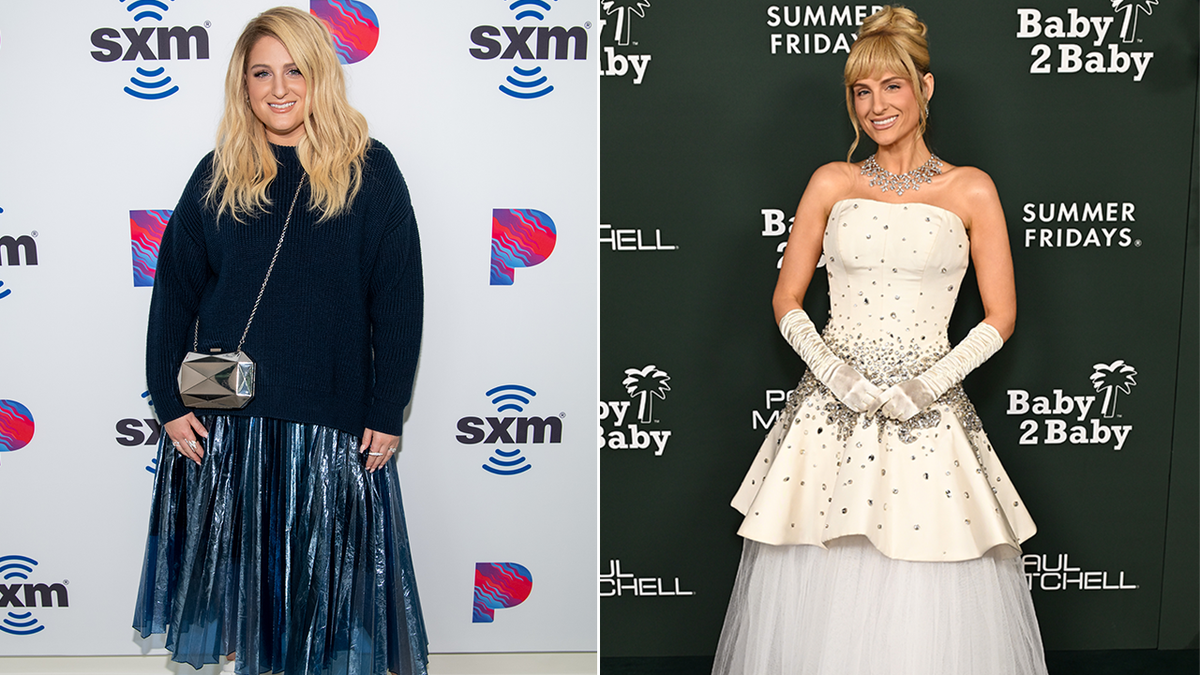 A split of Meghan Trainor in 2019 and in 2025.